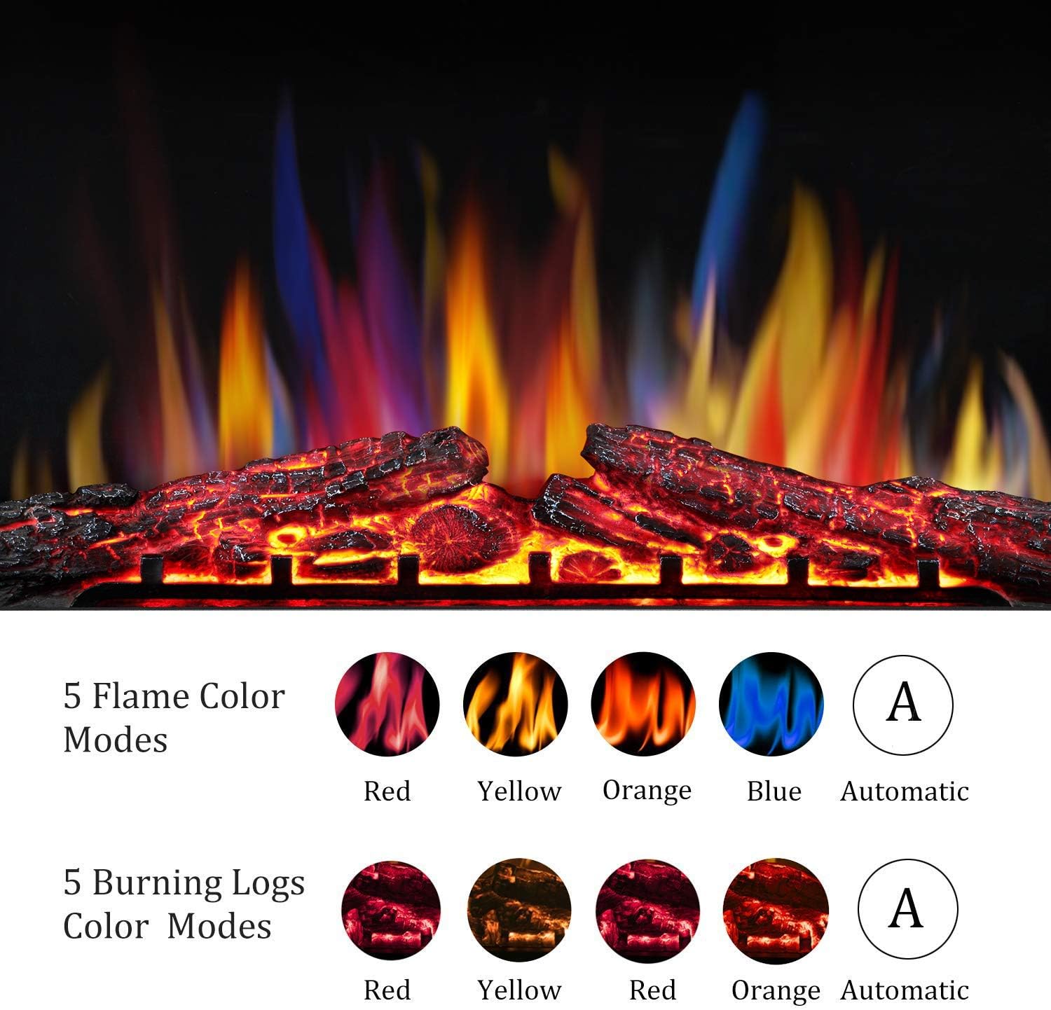 R.W.FLAME 36" Electric Fireplace Insert ,Recessed Electric Stove Heater,Touch Screen,Remote Control,750W-1500W with Timer & Colorful Flame Option