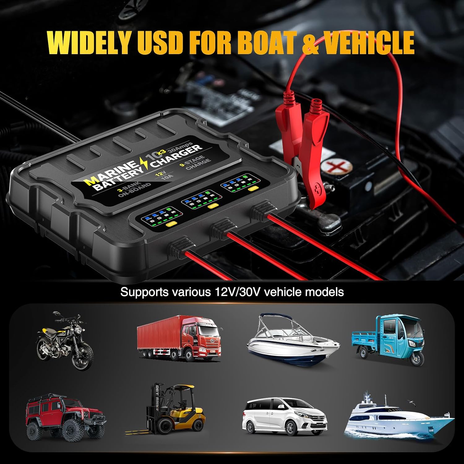 3 Bank Marine Battery Charger, 12V 30A (10A/Bank) Smart Waterproof Onboard Boat Battery Charger, Battery Maintainer & Desulfator for SLA/AGM/Lithium (LiFePO4), Calcium and Deep-Cycle Batteries