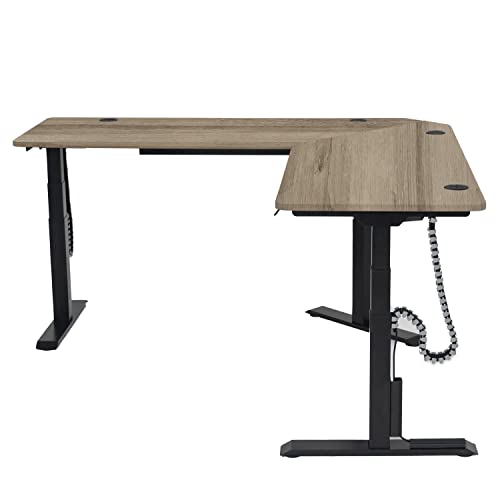 Electric Sit to Stand L-Shape 3-Leg Corner Desk - 72" L x 72" R - 4 Memory Settings - Ergonomic Front Edge - American Oak