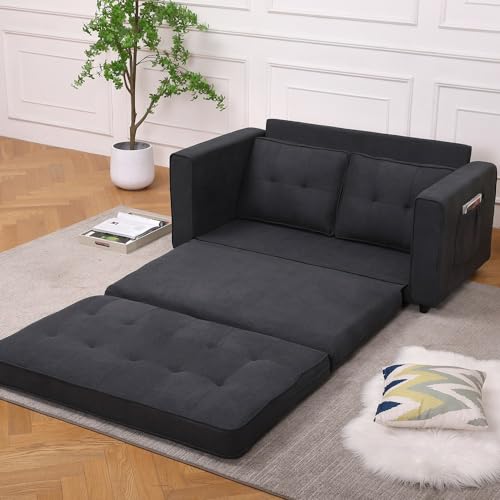 3-in-1 Upholstered Futon Sofa Convertible Floor Sofa Bed with Pull Out Sleeper Couch Bed - Foldable Tufted Loveseat Daybed for Living Room - Sofa Bed Couches for Living Room Furniture (Dark Gray)