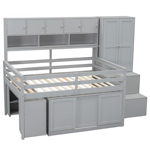 Solid Wood Low Loft Bed with All-in-One Big Storage and Mobile Desk, Twin Size Loft Bed Frame with Built-in Wardrobe and Storage Staircase for Kids Teens Boys Girls, Space-Saving, White-a