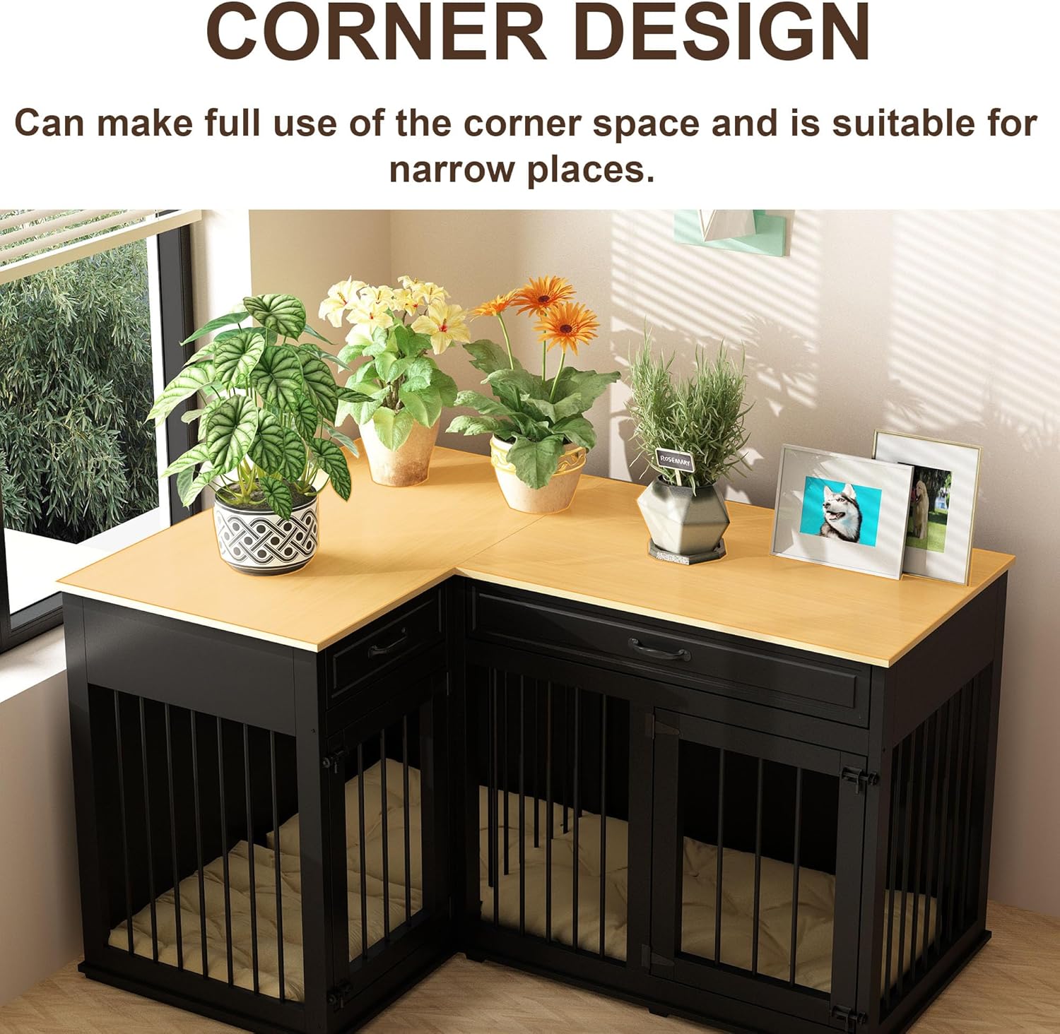 Large Corner Dog Crate Furniture for 2 Dogs, 51" Indoor Wooden Furniture Style Dog Kennel House with Double Rooms, Drawers & Divider for Large & Medium Dogs, Black