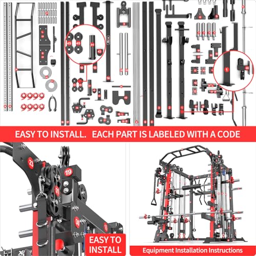 L05/07 Smith Machine，Multi-Function Squat Rack Power Cage with Cable Crossover System,with Weight Bench, Olympic Barbell Weight Set, for Home Gym