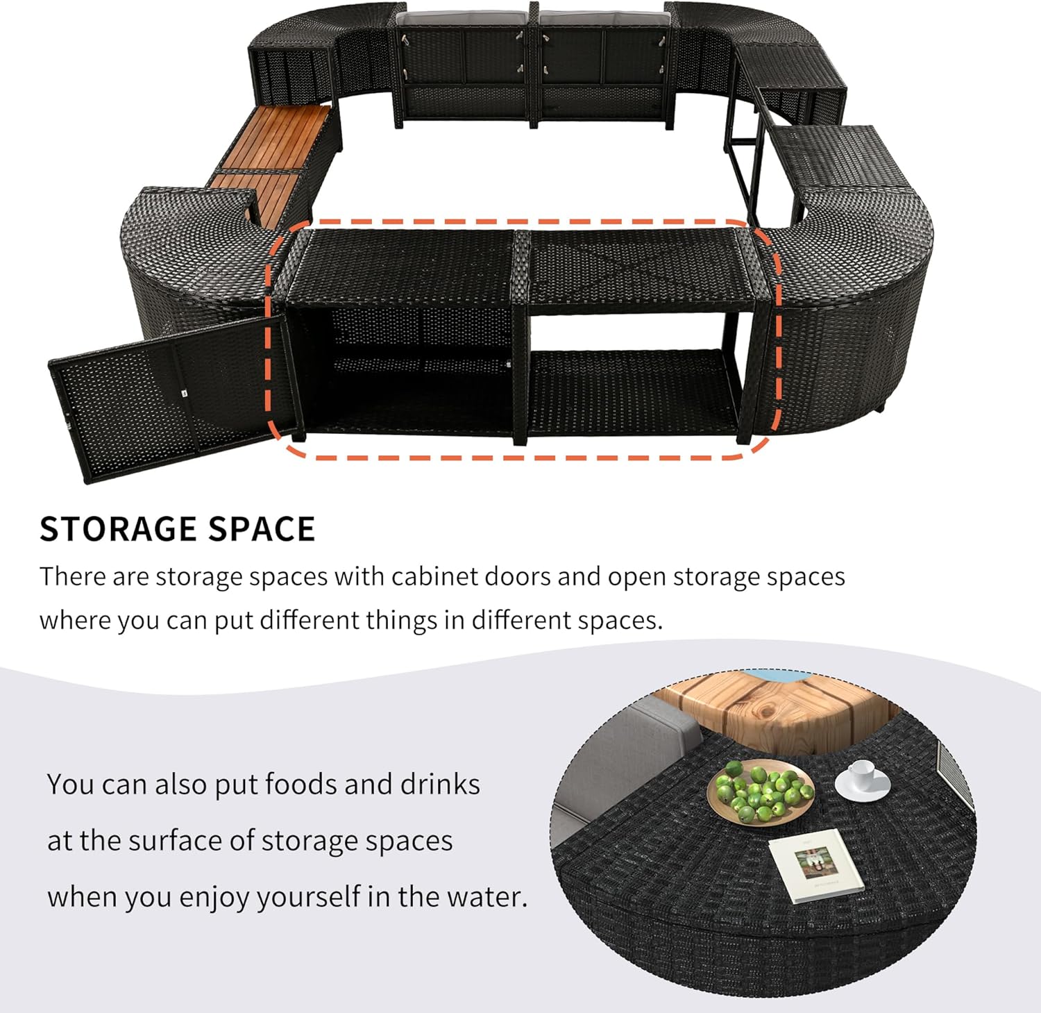 Quadrilateral Outdoor Rattan Sectional Sofa Mini Couch, Patio Conversation Sets with Wooden Seats and Storage Spaces, Spa Surround Frame for Gardern, Poolside, Gray
