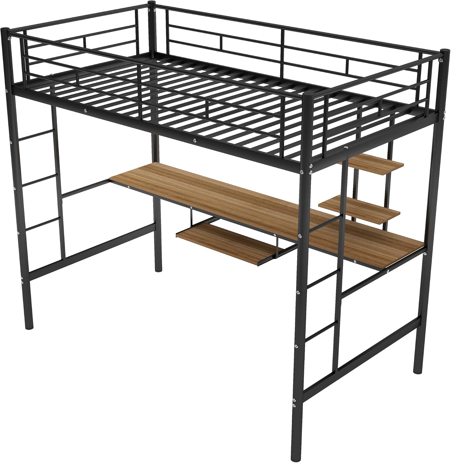 MERITLINE Metal High Loft Bed, Twin Study Loft Bed with Desk and Storage Shelf, Safety Rail and Ladder, Loft Bed for Children (Black with Keyboard Tray)