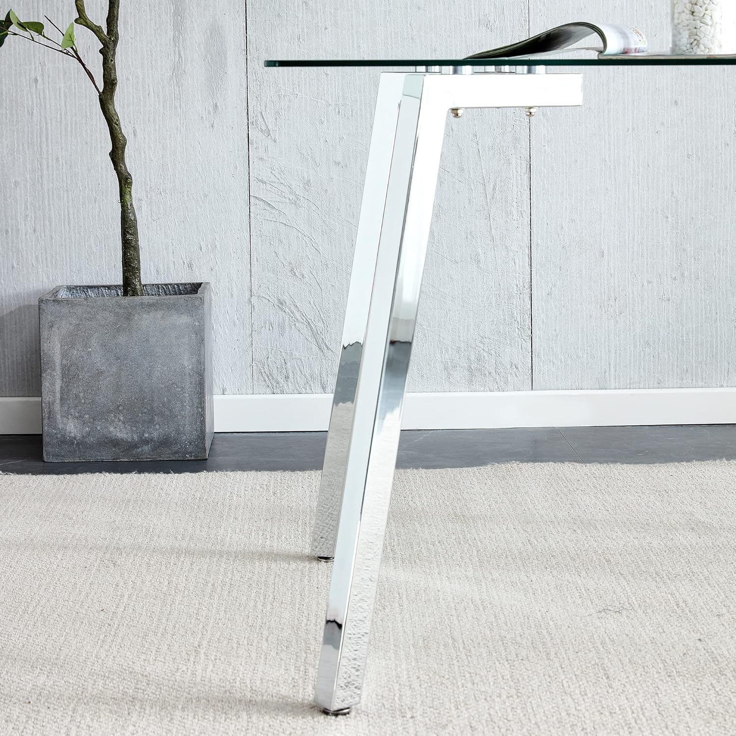Modern Minimalist Rectangular Glass Dining Table | 0.31" Tempered Glass Top | Silver Metal Legs | Versatile Writing Desk | Easy Assembly