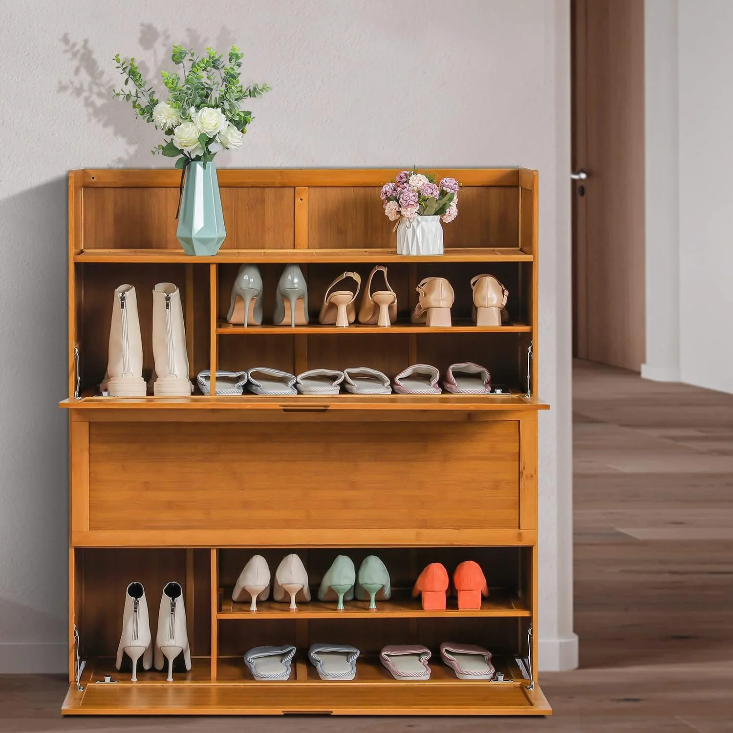 7 Tier Shoe Storage Organzier, Bamboo Boots Cabinet With Pull-Down Doors Sneakers Rack Organizer For 26-30 Pairs Entryway Hallway Mudroom, Brown