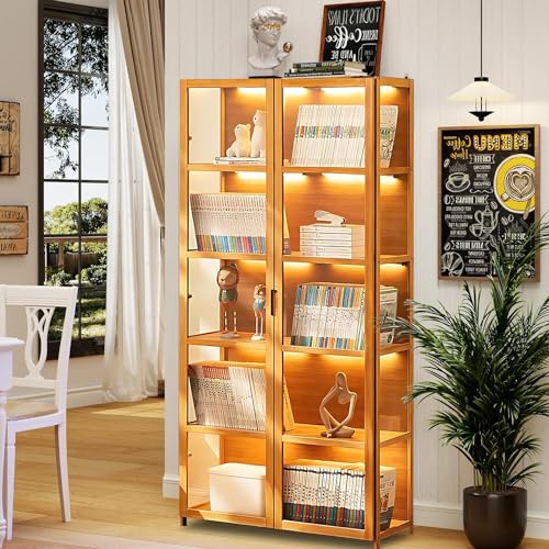68" Curio Display Cabinet, Storage Shelves with Acrylic Glass Door, Collectibles Toy Organizers Rack & Display Shelf, Kids Bookshelf and Bookcase for Playroom, Bedroom