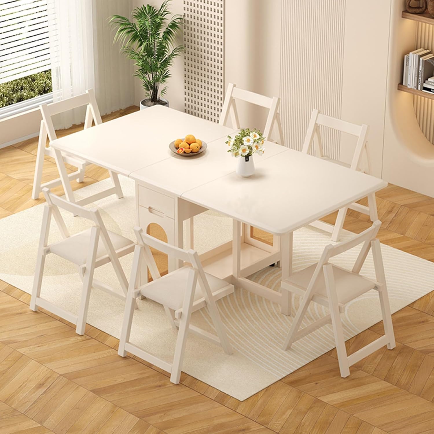 Folding Dining Table with Chairs Rack and 1 Storage Drawers, Movable Extendable Space Saving Table, 4 Universal Wheels, for Dining Room, Kitchen, Living Room