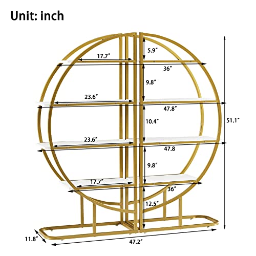 Tmosi 4 Tier Open Bookshelf, Modern Round Tall Bookcase Shelf Storage, Book Shelf with Metal Frame for Bedroom Home Office, Different Placement Ways (Golden+White)