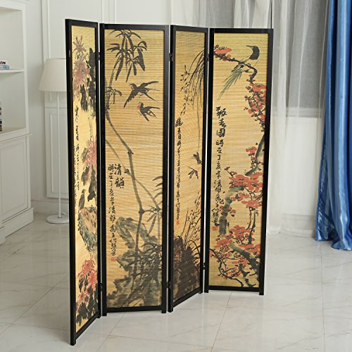 MyGift 4-Panel Folding Bamboo Room Divider Asian-Inspired Cherry Blossom Scene, 6 FT Freestanding Floral Artwork Room Partitioner with Beige Wood Frame