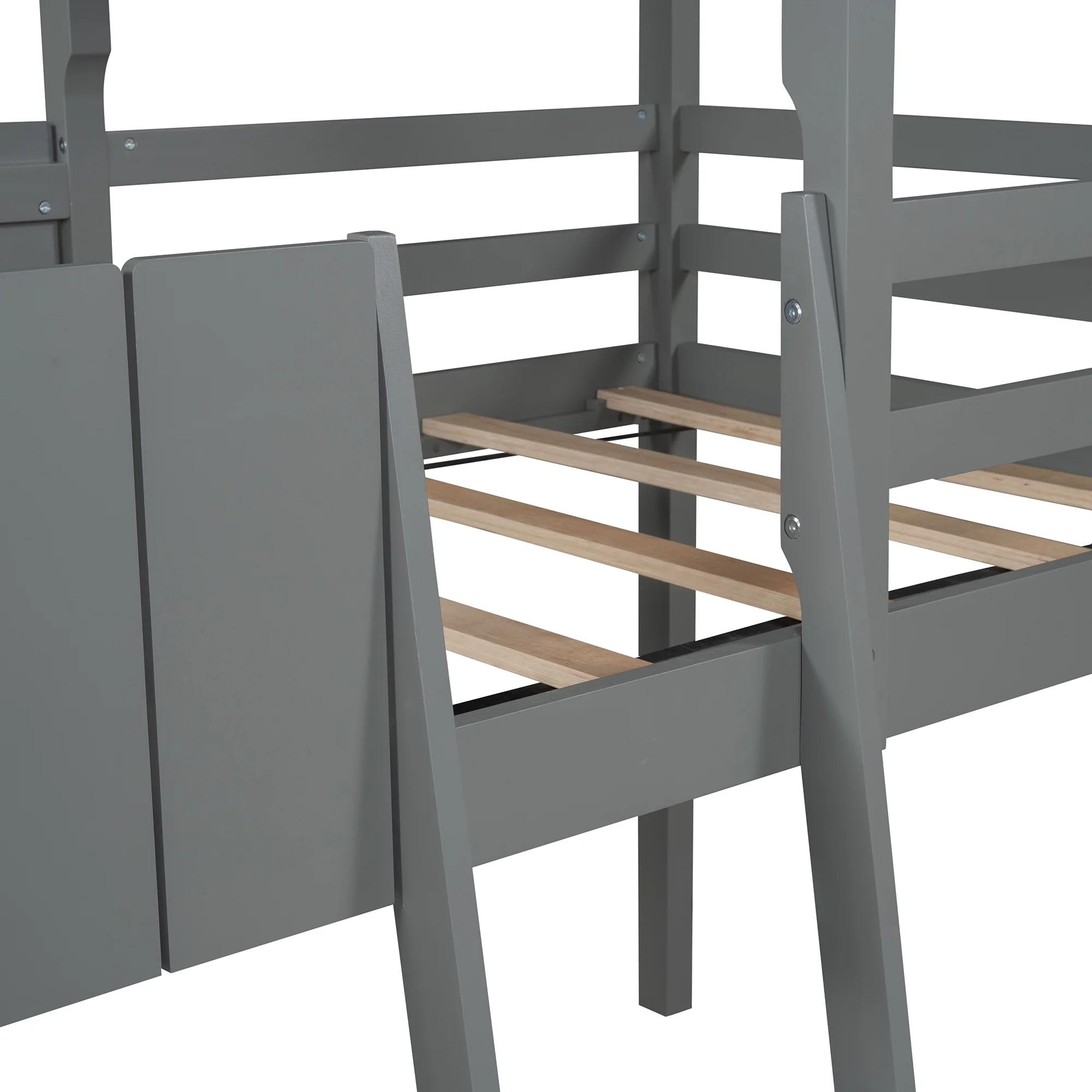 Gray Twin Size Wood House Loft Bed with Roof, Guardrail, Ladder