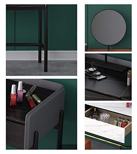 Luxury Dressing Vanity Table w/Stool for Bedroom, Dressing Table with 2 Large Drawers, Bedroom Makeup Vanity Desk with Round Mirror and Cushioned Stool(White)