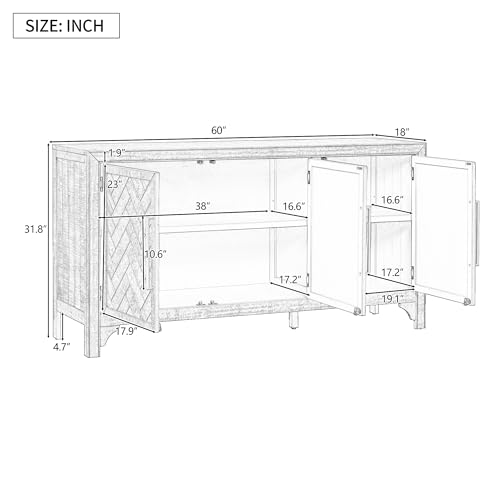 60" Storage Sideboard Cabinet with Metal Handles and 3 Doors, Wood Storage Cabinet with Adjustable Shelves and Decorative Stripe, Sideboard for Living Room, Study, Entrance (Gray-01)