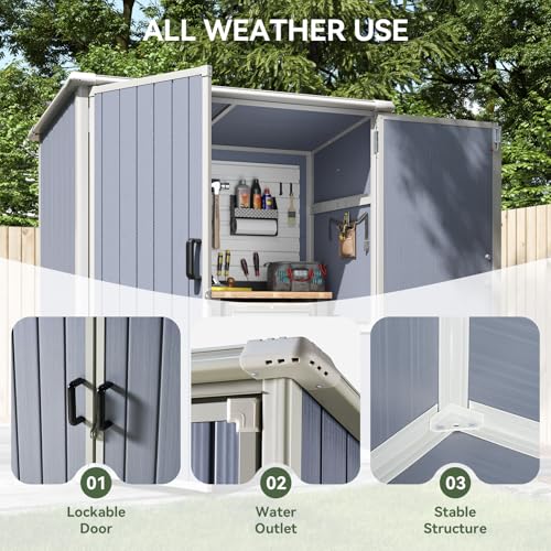 Aoxun 6 x 8 FT Outdoor Storage Shed with Window, Resin Shed with Floor & Lockable Doors, Garden Shed Waterproof Plastic Tool Shed with Sloped Roof for Backyard, Garden, Patio, Lawn, Grey