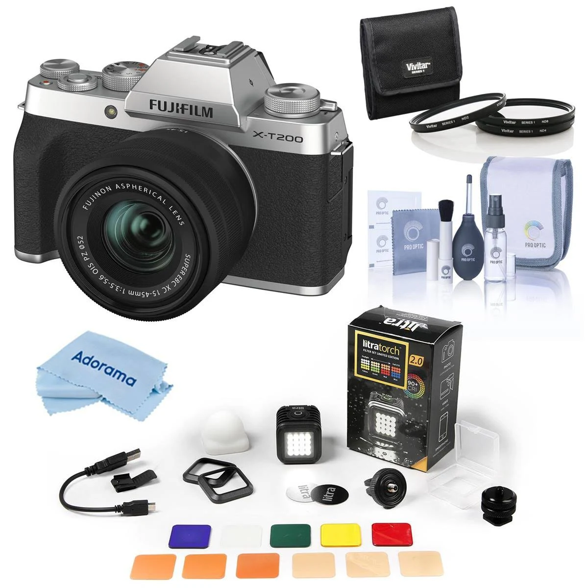 Fujifilm X-T200 w/XC 15-45mm f/3.5-5.6 Lens Silver w/LitraTorch 2.0 Filter Set 16647020 L