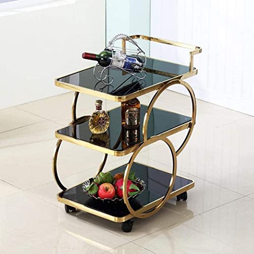 Bar Cart - Rolling Kitchen Carts for Home Hotel, Drinks Trolley Delivery Car Tempered Glass Wine Cart Mobile Dining Car Ring Design Stainless Steel(Stainless Steel)