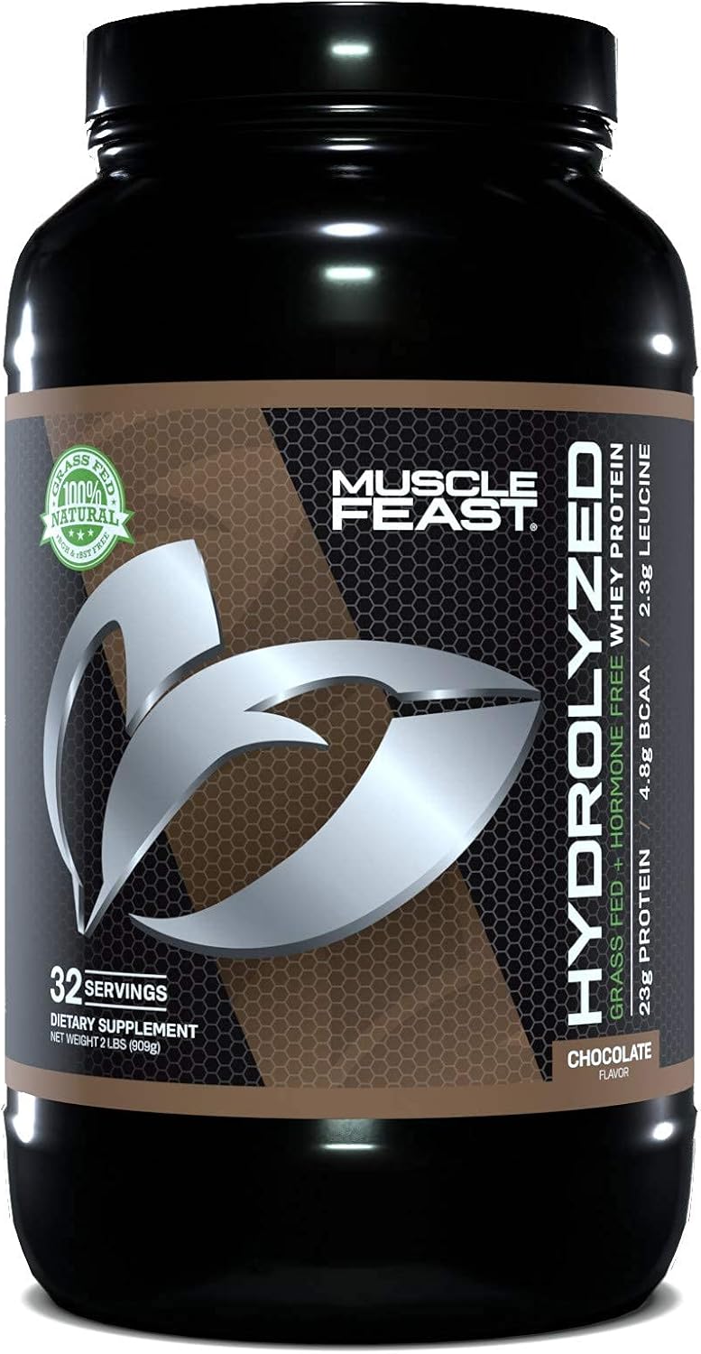 Muscle Feast Grass Fed Hydrolyzed Whey Protein Powder | All Natural, Hormone Free, Fast Absorbing, Easy Digesting, 100% Pure | Gluten Free | 23g Protein, 114 Calories | Chocolate 2lb | 32 Servings Pack of 2