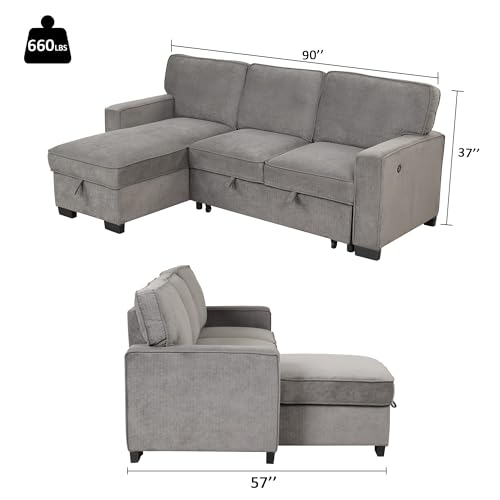 Convertible Sleeper Sofa 3 in 1, Chenille Modern L-Shaped Couches for Living Room, Pull Out Sectional Futon Sofa Bed with Storage Space, USB Ports and Cup Holders for Bedroom, Grey