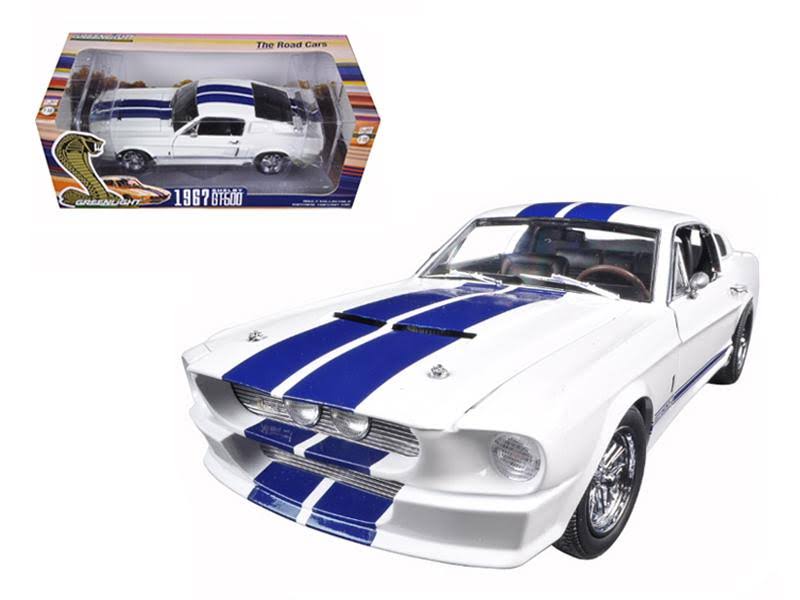 Greenlight 1967 Ford Shelby Mustang GT 500 White with Blue Stripes 1/18 Diecast Model Car