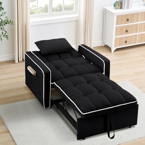 Sleeper Chair, 3 in 1 Convertible Chair Bed,Velvet Tufted Upholstered Single Pullout Sofa Chair Bed with Adjustable Backrest&Side Pockets,Recliner Lounger Bed for Living Room/Office/Small Space(Beige)