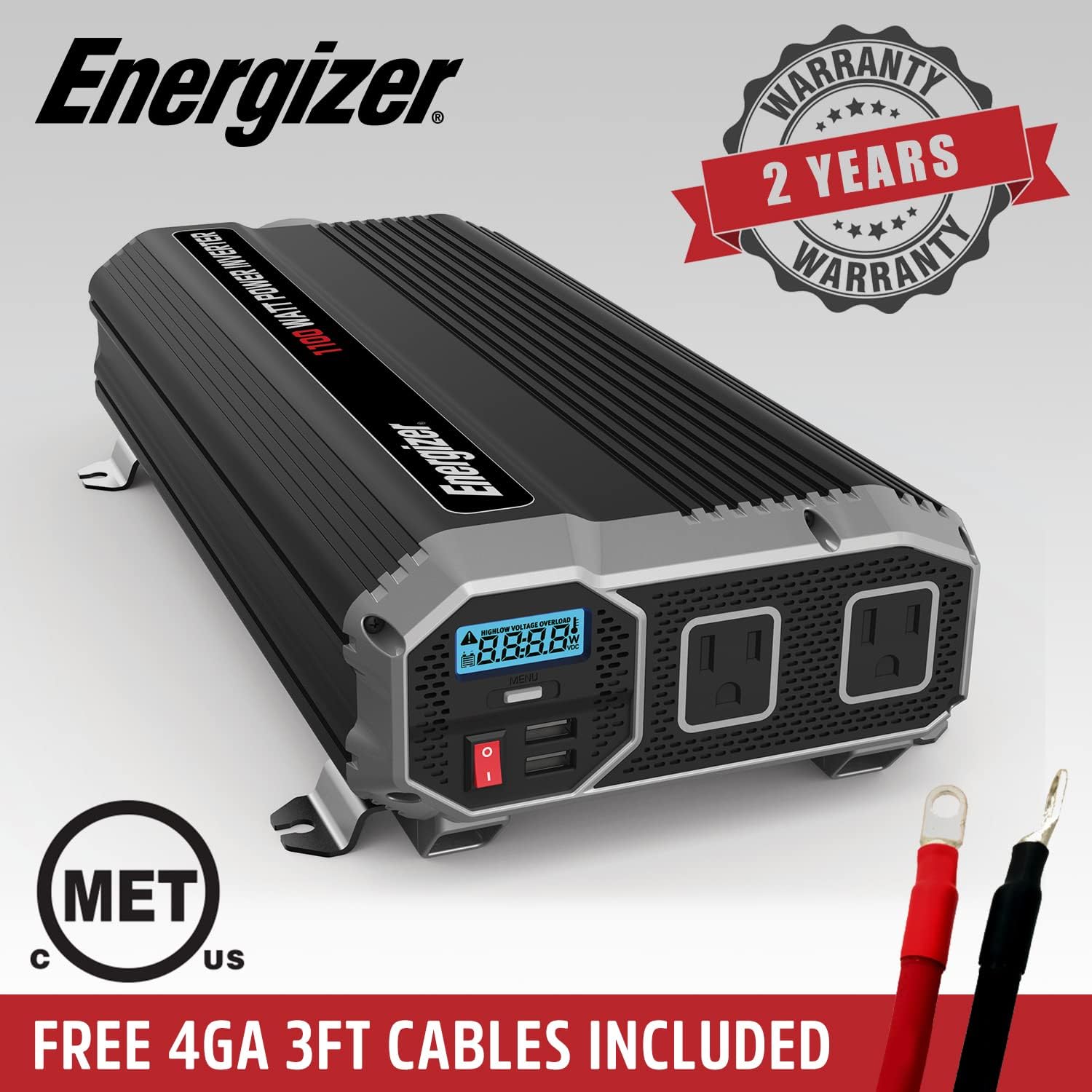 Energizer 1100 Watts Power Inverter Modified Sine Wave Car Inverter, 12V to 110 Volts, Two AC Outlets, Two USB Ports (2.4 Amp), Hardwire Kit, Battery Cables Included – ETL Approved Under UL STD 458 Pack of 2