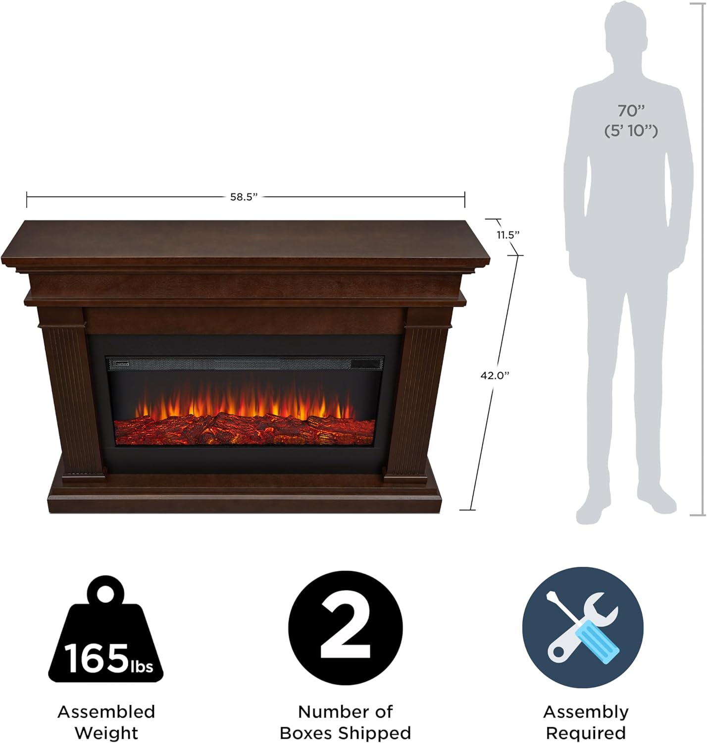 Real Flame Beau 59" Landscape Electric Fireplace with Mantel for Living Room or Bedroom, Replaceable Fireplace Insert Heater, Realistic Log and Flame Effect, Remote Control, Timer