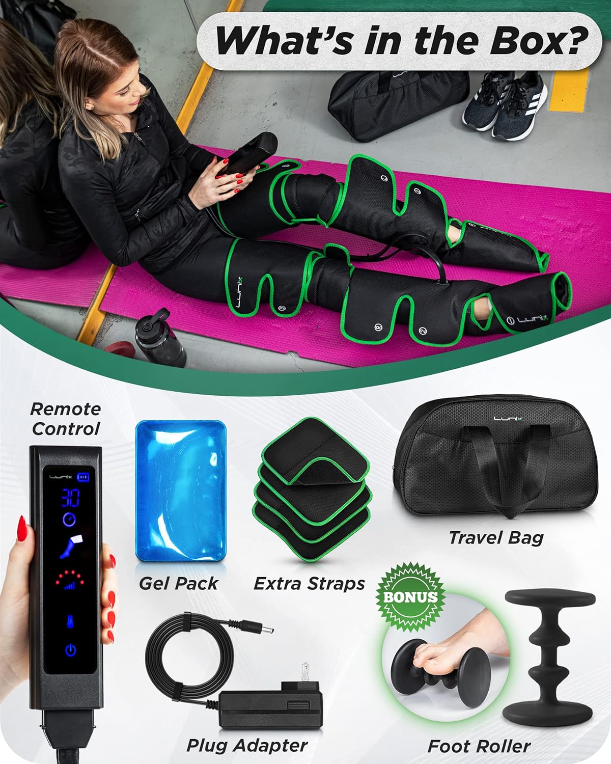 Lunix LX10 Foot, Calf, Leg Air Compression Massager Machine, Cordless and Rechargeable Thigh and Knee Boots Device with Heat for Circulation and Recovery, Legs Pain Relief, Green