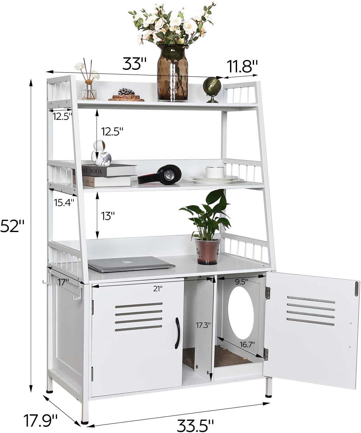 Hidden Cat Litter Box Enclosure Furniture with Shelf Storage and 2 Doors, Wooden Cat Cabinet Sturdy Cat Washroom with Scratch Pad White