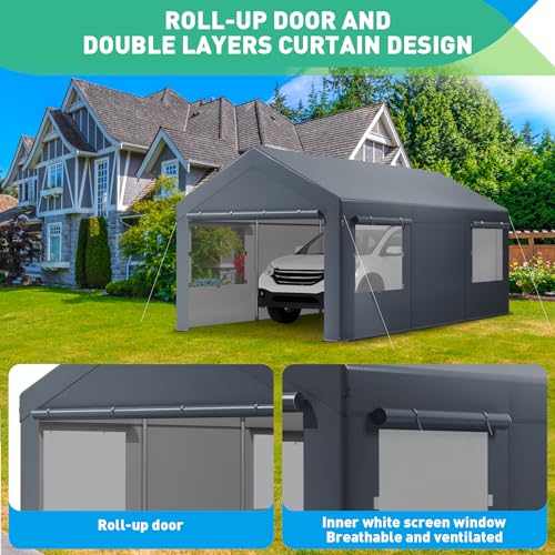 10x20FT Heavy Duty Carport, Portable Garage with Sidewalls, Doors and Ventilated Windows, UV Resistant and Waterproof, Carports 10x20 Heavy Duty for Car, Bike, Boat, Party (Gray)