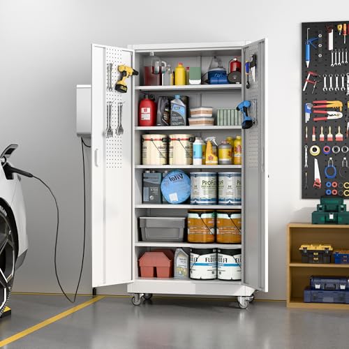 Aobabo Garage Storage Cabinet with Wheels,72" H Metal Storage Cabinet with 2 Doors and 4 Adjustable Shelves for Garage Home, Black,Required-Assembly