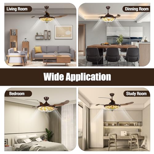 42 Inch Tiffany Style Ceiling Fan Stained Glass Ceiling Fan Retractable Ceiling Fan with Light and Remote Control 3 Speed, 3 Lighting Color Setting for Bedroom, Living and Dining Room