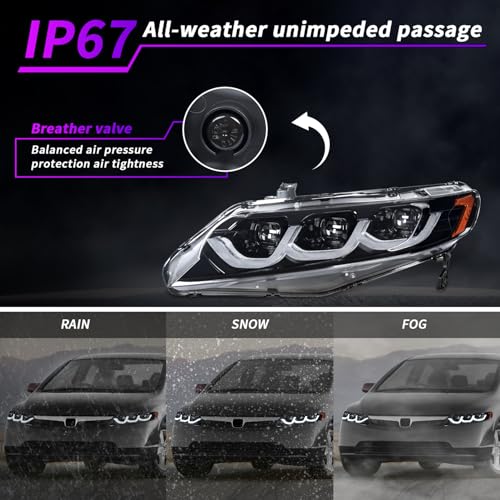 Full LED Headlights for Honda Civic Sedan 2006-2011, 3 Projector Head Lamp Assemblies for 8th gen Civic Sedan, Head Light with Sequential turn signal, Plug&Play, Pair