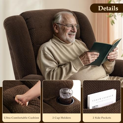 Large Power Lift Chairs Recliners for Elderly with Extended Footrest, Lift Chairs with Heat and Massage, Big and Tall Overstuffed Wide Recliner, 3 Positions (Plush Flannel, Dark Brown)