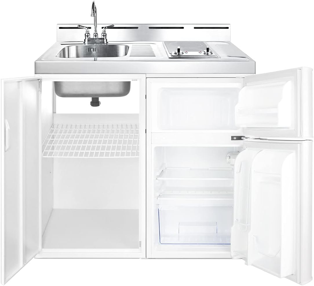 Summit C39ELGLASS 39"" All-In-One Kitchenette with 2 Element Smooth-top Cooktop Refrigerator-Freezer Stainless Steel Sink and Storage Cabinet in White