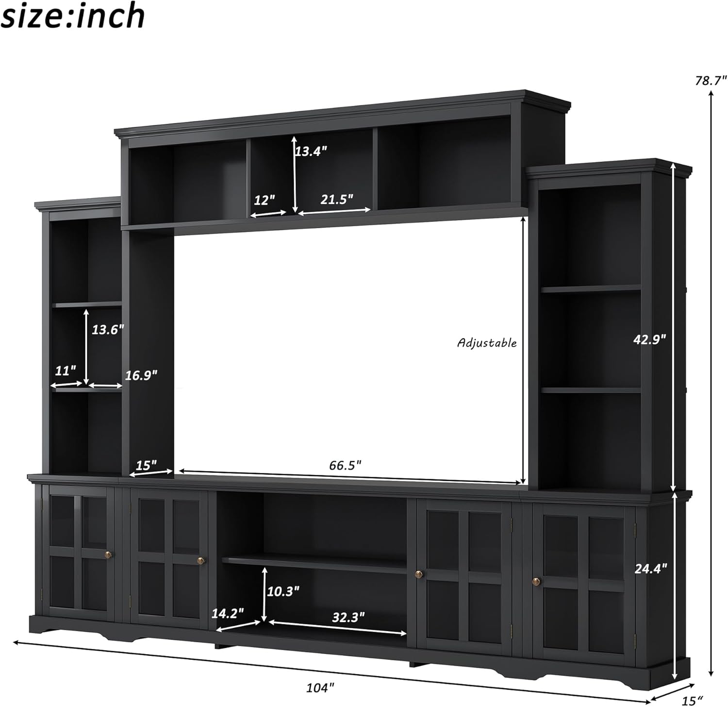 Modern Entertainment Wall Unit Bookshelves, Console Table Minimalism Multifunctional Stand for TVs Up to 70" with Glass Doors & Shelves for Living Room,Home Theater,Black, with Bridge