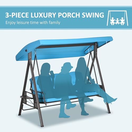 Outsunny 3-Seat Patio Swing Chair, Outdoor Porch Swing Glider with Adjustable Canopy, Removable Cushion, Pillows and Side Trays, for Garden, Poolside, Backyard, Brown