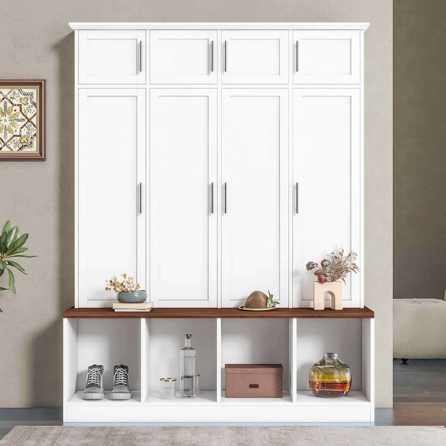 LUMISOL Wide Entryway Hall Tree with Storage Bench & Shoe Cube Storage, Shoe Cabinet with 4 Hidden Hanging Hooks and 8 Cabinets, Hallway Coat Rack with Open Compartments for Living Room Mudroom, White