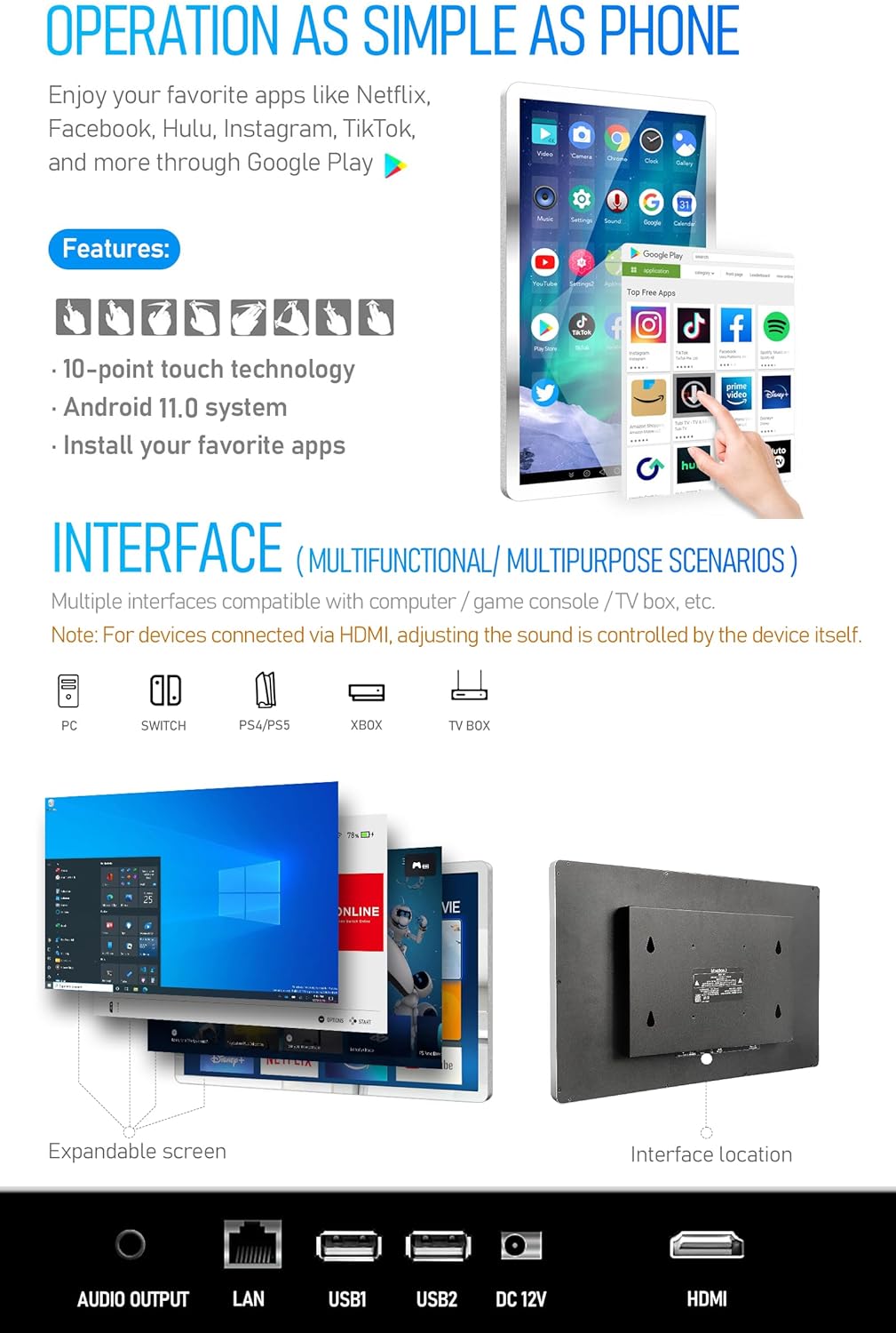 21.5 inch Smart Touchscreen Mirror IP66 Waterproof TV for Bathroom Shower - Support 360° Rotation, Full HD 1080P Built-in Android 11.0 OS WiFi/LAN/USB/BT/HDMI(Black)
