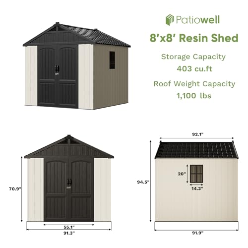 Patiowell 8 x 12 FT Plastic Outdoor Storage Shed with Floor, Resin Shed with Window and Lockable Door for Garden, Backyard, Tool Storage Use, Easy to Install in Beige (Kick-it Shed)
