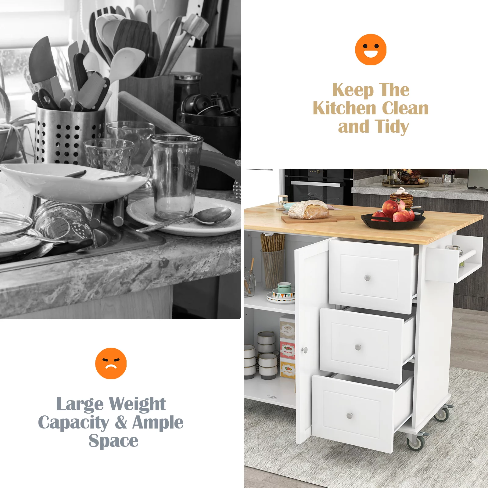 53 inch Portable Kitchen Island with Drop Leaf, Rolling Kitchen Island with Storage,White
