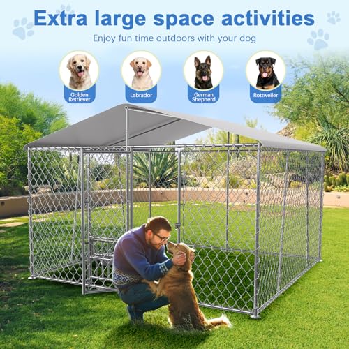 10×10×7FT Large Dog Kennel Outdoor with Bowls, Heavy Duty Outdoor Dog Kennel with Cover, Outside Chain Link Dog Playpen Dogs Run Dog Cage with Lock & Waterproof Roof for Backyard