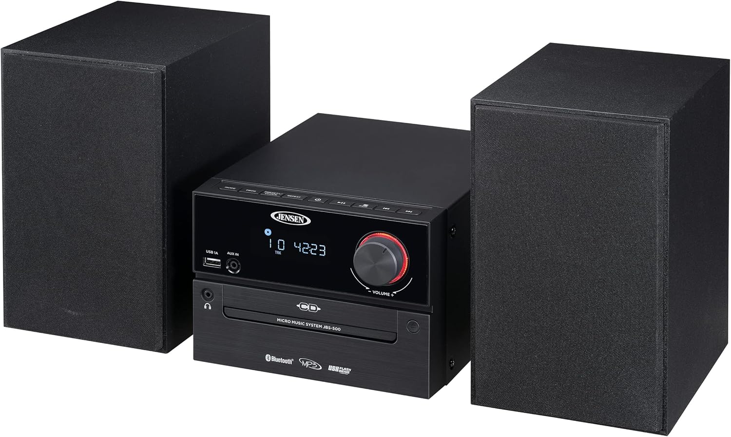 Jensen Professional JBS-500 Modern Bluetooth Wireless Stereo Music System Home CD Player, MP3 USB, Audio in, Headphone Jack, FM Radio, 30W - (Jet Black)