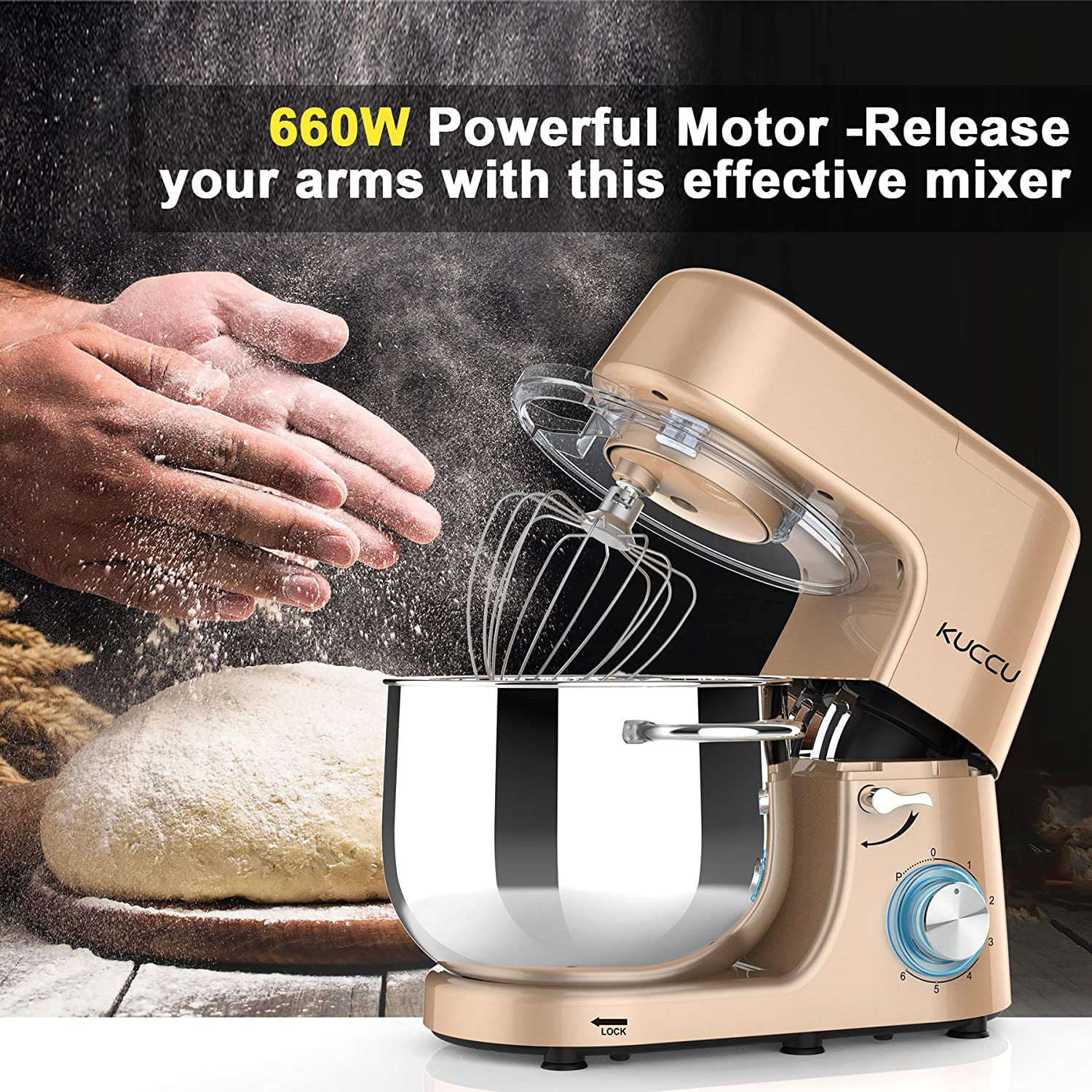 Kuccu Stand Mixer, 8.5 Qt 660W, 6-Speed Tilt-Head Food Dough Mixer, Electric Kitchen Mixer with Dough Hook, Flat Beater & Wire Whisk, Mixing Bowl (8.5-QT, Gold)