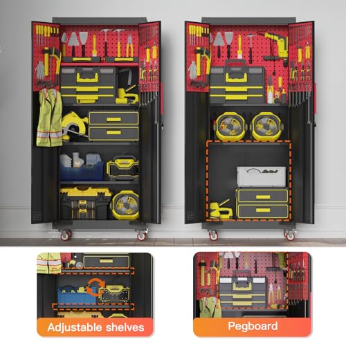 Metal Garage Storage Cabinet, Tall Garage Cabinets with 5 Adjustable Shelves, Steel Tool Storage Cabinet with Wheels,Lockable Heavy Duty Metal Cabinets for Home, Warehouse,Basement