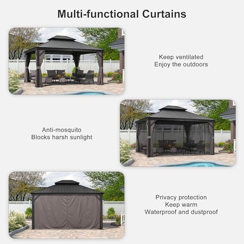 PURPLE LEAF 10' X 14' Permanent Hardtop Gazebo Aluminum Gazebo with Galvanized Steel Double Roof for Patio Lawn and Garden, Curtains and Netting Included, Grey
