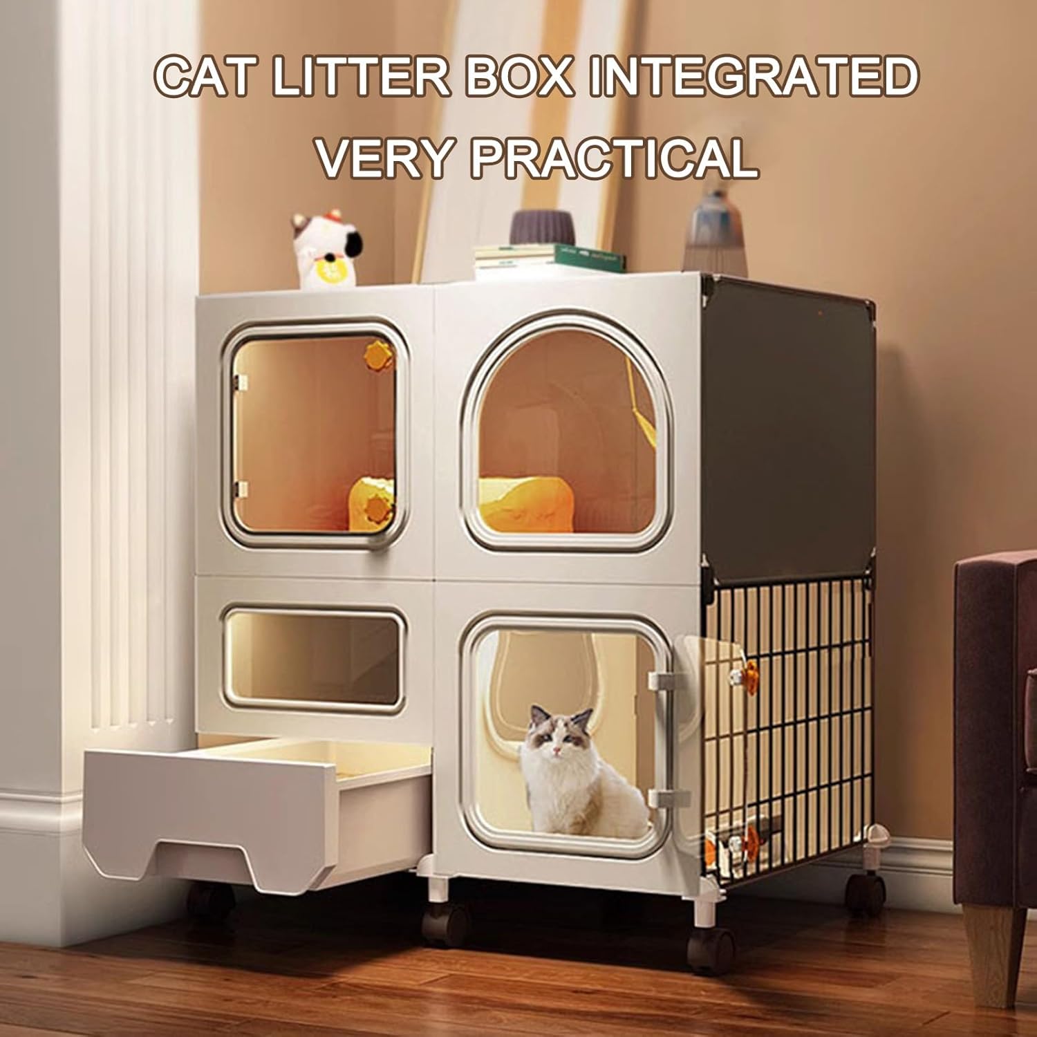 Cage for Cats Cat Cages Indoor with Litter Box, Cat Enclosure with Wheels, 2-Tier Large Cat Cage Indoor Enclosure with Transparent Windows and Knob Locks, Good Ventilation