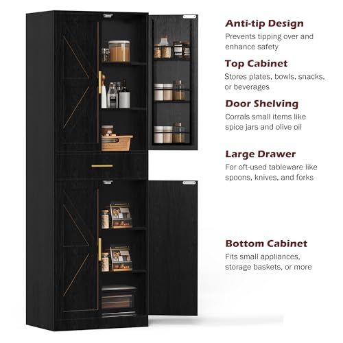 71" Tall Kitchen Pantry Storage Cabinet with 4 Doors & Drawer, Adjustable Shelves, Farmhouse Cupboard, Freestanding Cabinet with Door Shelves for Dining Room/Living Space, Black