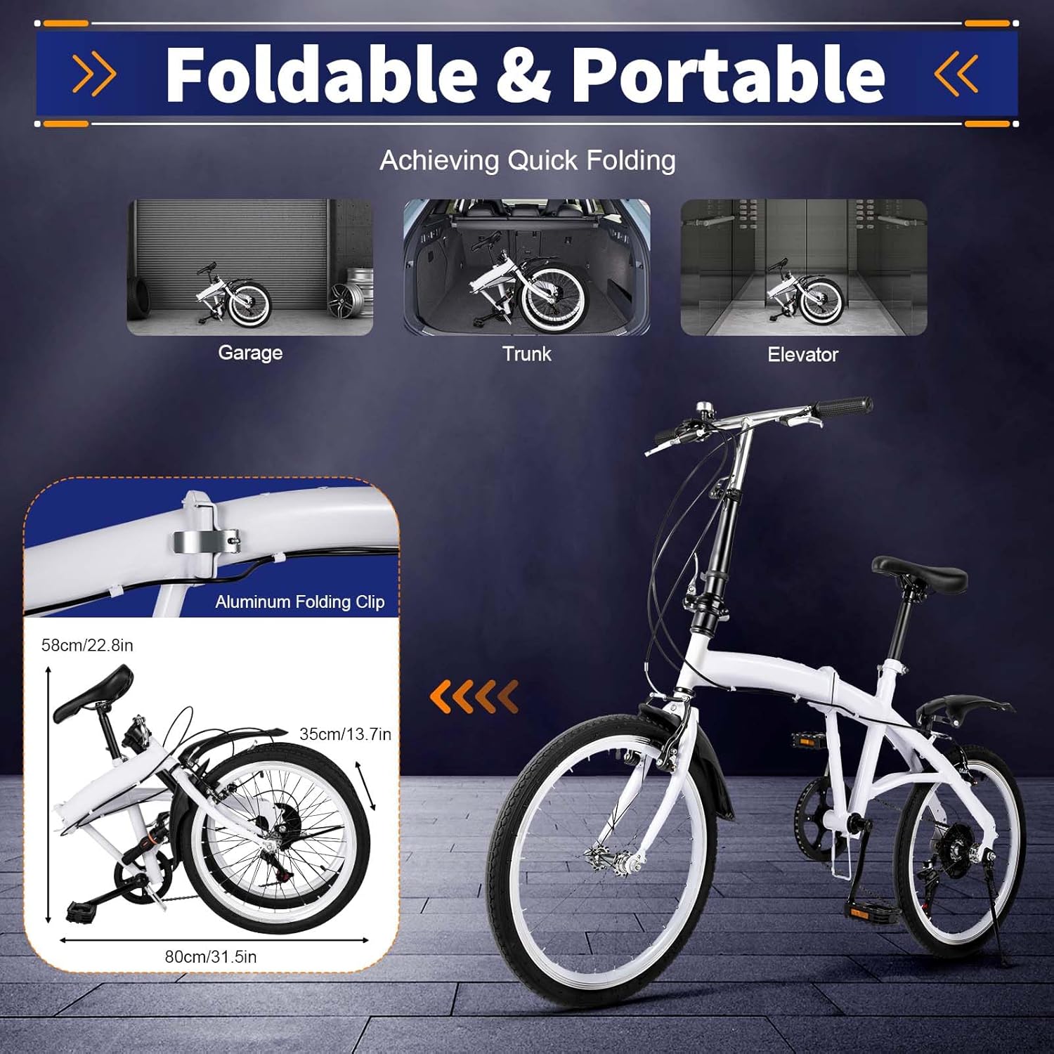 ‎20 Inch Folding Bike, 6 Speed Shifter Foldable Bicycle, Folding Bicycle with Adjustable Hight, Lightweight Foldable Bike for Men Women Riding, White