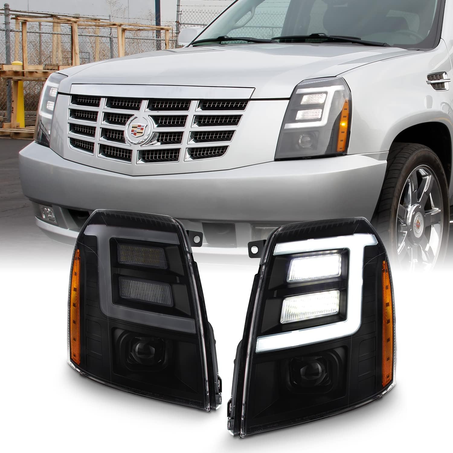 AKKON - For 2007-2014 Cadillac Escalade Xenon/HID Model Type Black Housing LED Daytime Running Light Tube Projector Headlight
